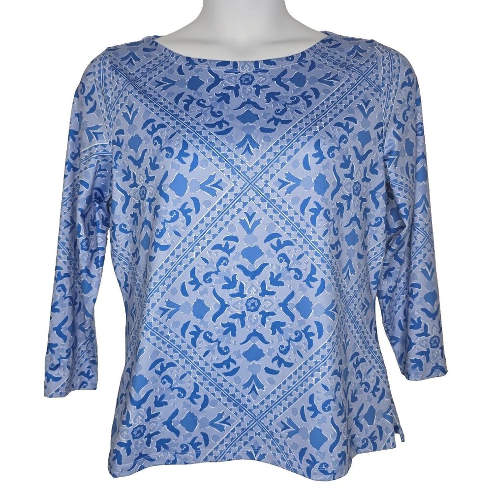 Vineyard Vines Womens Top Sankaty Shirt Large Long Sleeve Boat Neck Blue Print